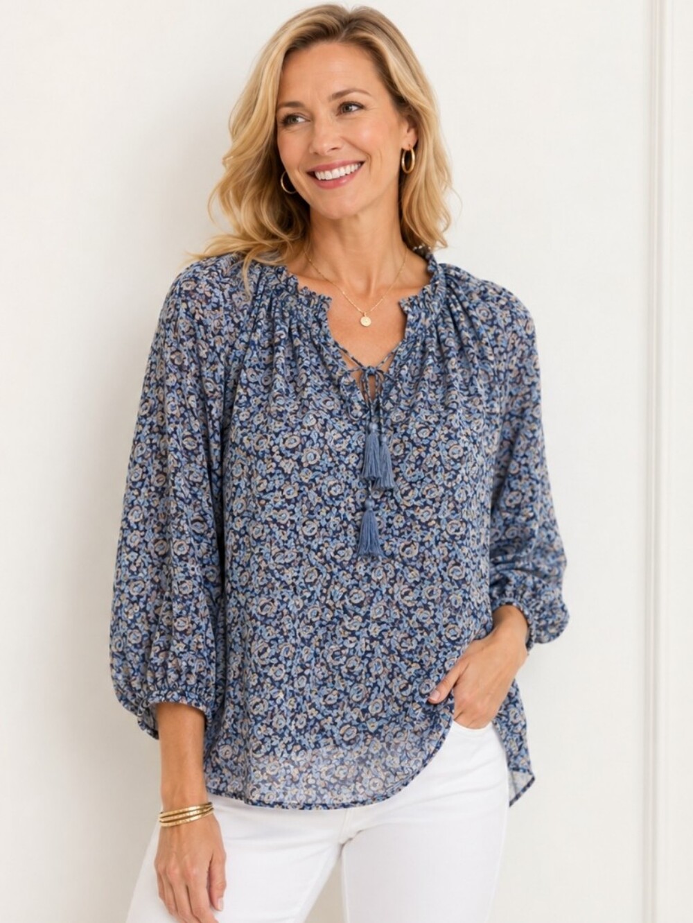 Chelsea & Theodore Blue Floral Sheer Lined Boho Peasant Blouse Sz 1X